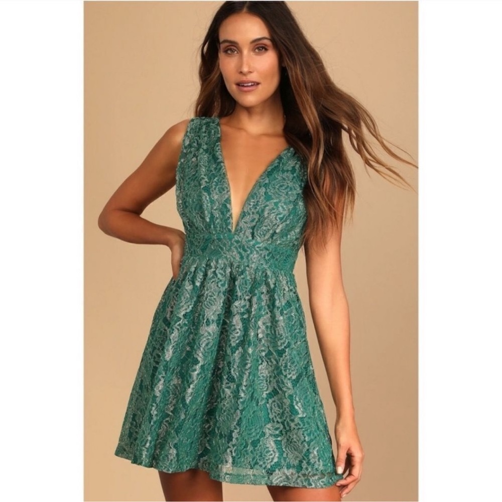 Lulus Tawny Green Metallic Lace Skater Dress with Deep Plunge V Neck